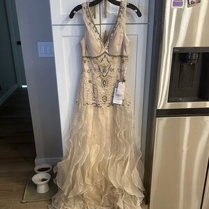 Sue Wong Cream and Gold Embellished Dress